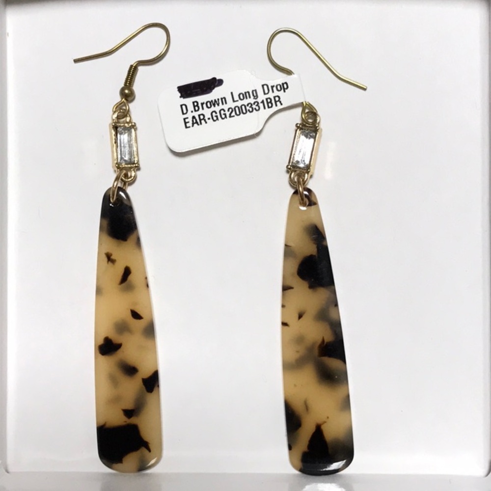 Tortoise Shell 3” Drop Earrings crystal accent NWT